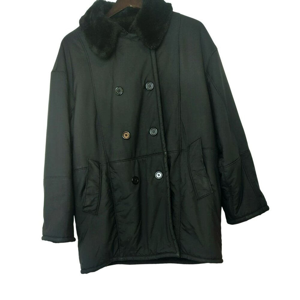 Searle Black Double-Breasted Coat With Faux Fur Lining Womens Large